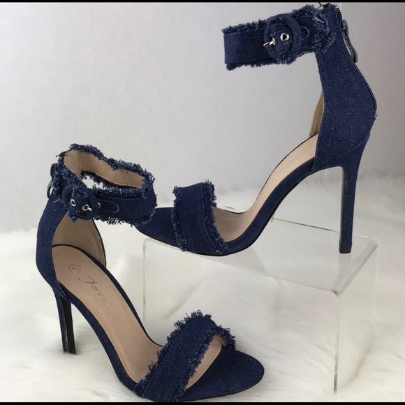 Dark Blue Distressed Denim Stiletto Heels - Picture 3 of 4